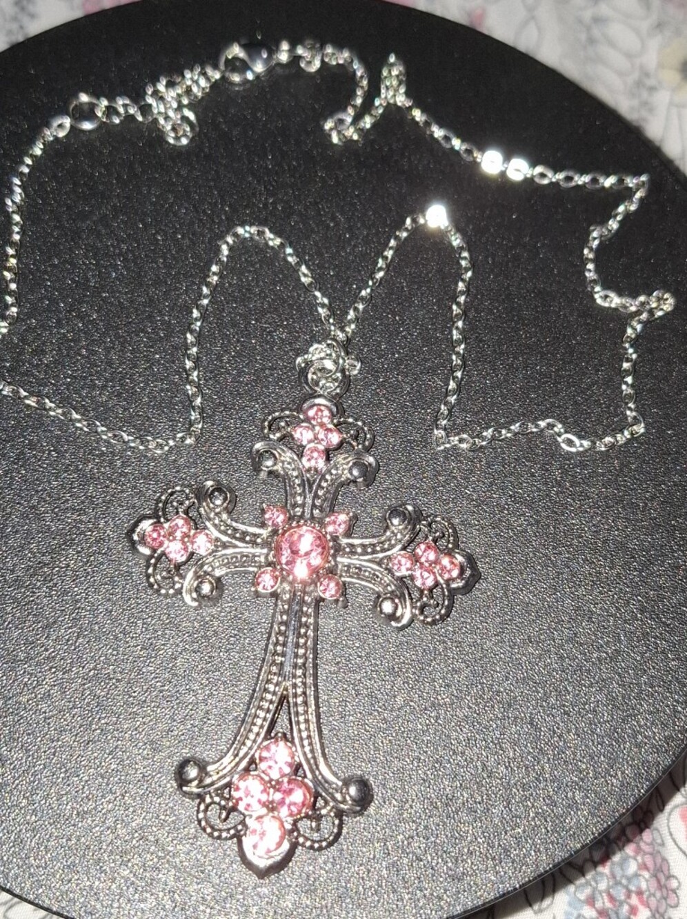 Silver-Tone Cross Necklace with Pink Crystal Accents